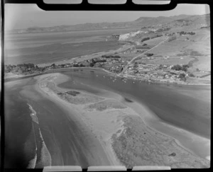 Karitane coastal settlement with the Waikouaiti River Estuary and Beach, with Coast Road and Karitane Beach beyond, Otago Region