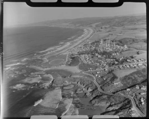 Brighton Beach coastal settlement with Brighton Road in foreground, with Otokia Creek and Brighton Recreational Reserve, South Dunedin, Otago Region