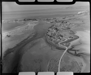 Karitane coastal settlement with Coast Road and the Waikouaiti River Estuary and Beach, with Karitane Beach beyond, Otago Region