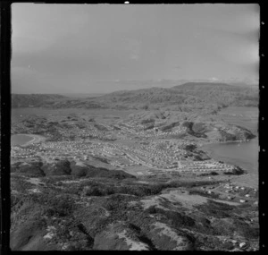 Titahi Bay coastal settlement with new housing development, looking to Plimmerton and Pauatahanui Inlet beyond, Wellington Region