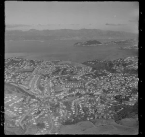 Wellington northern suburb of Khandallah with Ngaio George, looking to Wellington Harbour and Miramar Peninsula beyond, Wellington City