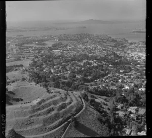 Mt Eden, Auckland, includes lookout, housing, roads and Rangitoto Island