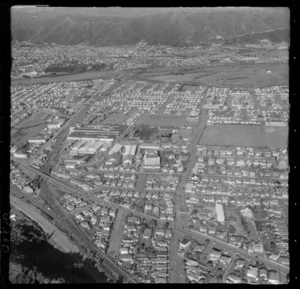 The suburb of Petone with the Western Hutt Road and Udy Street in foreground running past Petone Recreational Ground and North Park with the Hutt River beyond, Hutt Valley, Wellington Region