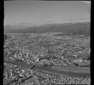 Lower Hutt City and the Hutt River in foreground looking north to the suburbs of Waterloo and Naenae, Hutt Valley, Wellington Region
