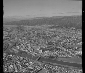 Lower Hutt City and the Hutt River in foreground looking north to the suburbs of Waterloo and Naenae, Hutt Valley, Wellington Region