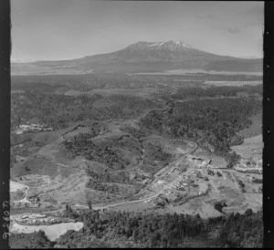 Raurimu Spiral, Ruapehu District, includes railway line, township, housing, roads, farmland, bush and Mount Ruapehu