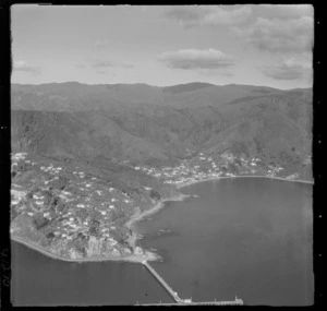 Lowry Bay with Marine Drive road and Point Howard wharf with Wellington Harbour, Eastbourne, Wellington Region