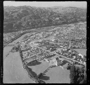 The Hutt River and Lower Hutt City with Ewen Bridge, Woburn Road and Hutt Valley High School in foreground, Hutt Valley, Wellington Region