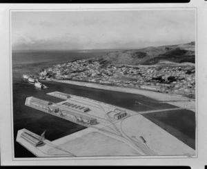 Artist's drawing of new port facilities superimposed over aerial photograph of Bluff Harbour, Southland Region
