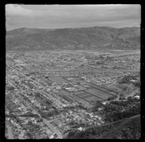 Lower Hutt City and the suburb of Fairfield with Epuni Primary School and Railway Station mid view, Hutt Valley, Wellington Region