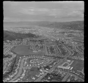 The suburb of Naenae with Rata Road in foreground and Naenae Park, looking to Lower Hutt City beyond, Hutt Valley, Wellington Region