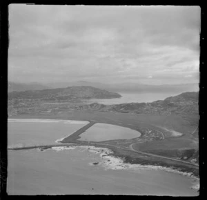 The suburb of Rongotai with reclamation work into Lyall Bay and Rongotai Airport, with Evans Bay and Mount Victoria beyond, Wellington City