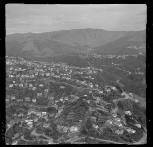 Wadestown Hill and Barnard Street in foreground, with Ngaio George and the suburb of Ngaio beyond, Wellington City