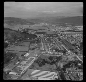 Unidentified commercial building in foreground with Seddon Street and Wallaceville beyond, Upper Hutt, Wellington Region