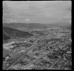 Upper Hutt Railway Station, Fergusson Drive and Queens Street with Upper Hutt central business district in foreground, Wellington Region