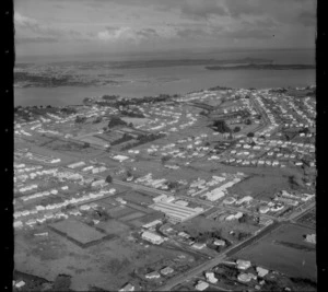 Mount Roskill with Carr and Frost Roads, looking to Hillsborough and the Manukau Harbour beyond, Onehunga, Auckland