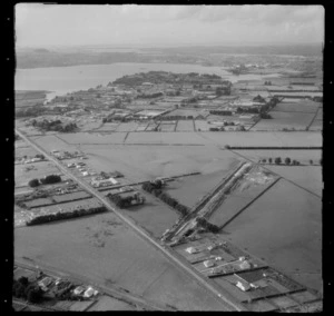 Mangere farmland with a drainage ditch, looking to the Manukau Harbour, South Auckland