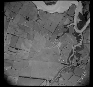 Pahurehure Inlet through farmland and the proposed route for the Southern Motorway west of Drury, Papakura, Auckland