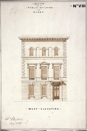 Beatson, William, 1808?-1870 :Design for a public building at Rugby. No. VIII. West elevation / Wm Beatson, Aug[us]t 1838.