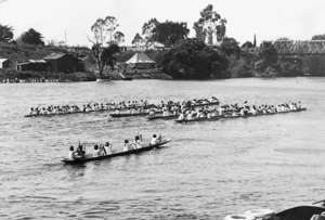 Grand parade of waka taua (Maori war canoes) at Ngaruawahia Regatta