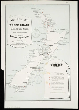 New Zealand wreck chart, 1st April 1904 to 3st March 1905 / compiled from the official records in teh Marin Department ; A. Koch, del.