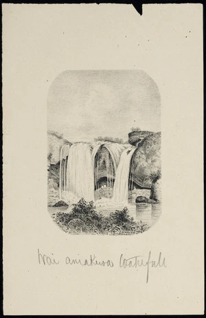 Koch, Augustus, 1834-1901 :Wai aniakiwa Waterfall. [Waianiwaniwa, Kerikeri Falls] A. Koch del. [From John White's Ancient history of the Maori (Wellington, 1891)]