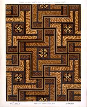 George Harrison & Co (Bradford) :Floorcloth [parquet pattern]. Stock in body cloth and 3/4 4/4 and 5/4 passage cloth. No 693/1. Pattern shown half size. [1880s?]