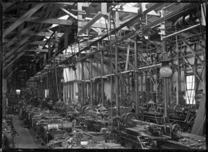 Petone Railway Workshops. Interior view of the Machine Shops, turning axles.