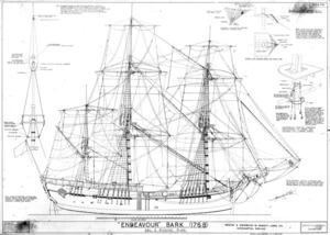 Underhill, Harold Alonso, b 1897 :Endeavour bark (1768) ; Sail and rigging plan / Harold A Underhill [del] - Northampton, England; Printed & distributed by Bassett-Lowke Ltd, 1946