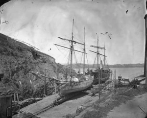 Schooner Julius Vogel and steamship Grafton on the patent slip, Evans Bay, Wellington