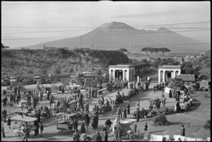 Elevated view of the vendors outside the city walls of ancient Pompei, Italy, World War II - Photograph taken by George Kaye