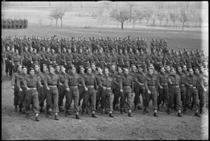 March past of NZ Army Service Corps at combined church and ceremonial parade, Volturno Valley, Italy, World War II - Photograph taken by George Kaye