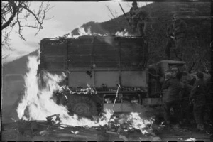 Burning truck in NZ Sector of 5th Army Front in southern Italy, World War II - Photograph taken by George Kaye