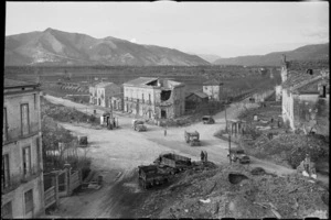 Crossroads in ruined village on 5th Army Front in southern Italy, during World War II - Photograph taken by George Kaye