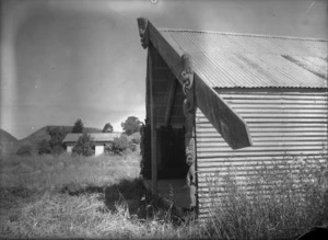 Exterior side view of Poho-o-tiakiwai meeting house at Wairoa