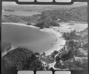 Kaiteriteri coastal settlement and beach with Kaiteriteri-Sandy Bay Road in foreground and south to Riwaka beyond, Nelson Region
