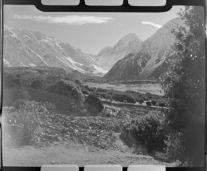 Mount Cook at the head of the Hooker Valley from the Hermitage Sundial, Mount Cook Village, Mount Cook National Park, Canterbury Region