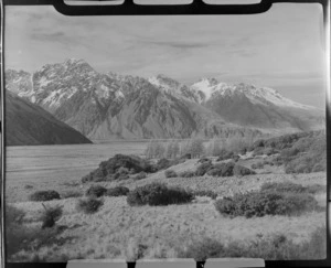 Looking down the Hooker Valley to the Tasman River with the Burnett Mountain Range beyond, Mount Cook National Park, Canterbury Region