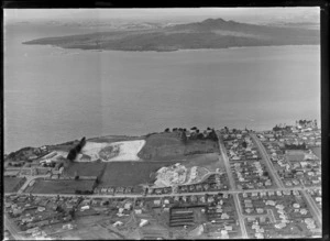Takapuna Grammar School, Auckland, includes school, housing and view of Rangitoto Island