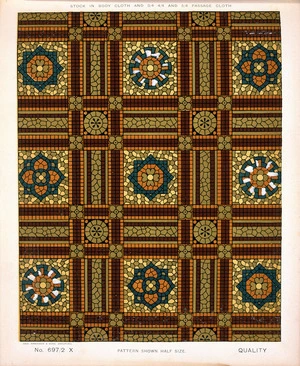 George Harrison & Co (Bradford) :Floorcloth [Geometric floral pattern]. Stock in body cloth and 3/4 4/4 and 5/4 passage cloth. No 697/2 X. Pattern shown half size. [1880s?]