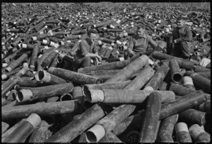 Soldiers and empty American shell cases, Monte Cassino area, Italy, during World War 2 - Photograph taken by George Frederick Kaye
