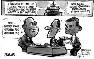 Evans, Malcolm Paul, 1945- :'A boatload of families fleeing poverty and hopelessness has been sighted in the Tasman!'. 6 May 2012