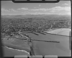 Timaru, includes township, housing, harbour, wharf and boats