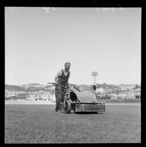 A lawn roller on the pitch at the Basin Reserve, Wellington