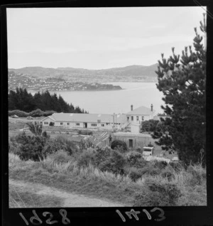 View over building at Mount Crawford prison, Miramar Peninsula, toward Wellington city