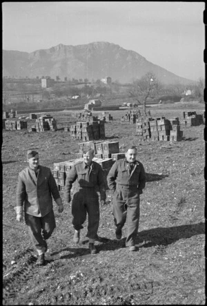 NZ ammunition dump in the hilly country of 5th Army Front in southern Italy, World War II - Photograph taken by George Kaye