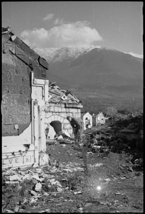 Italian cemetery damaged by shellfire near the NZ Sector of 5th Army Front in southern Italy, World War II - Photograph taken by George Kaye