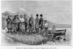 Artist unknown :Landing of Samuel Marsden at Bay of Islands, Dec. 19th, 1814. Engraving, 1913