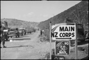 Road signs familiar to NZ Division personnel in forward areas of 5th Army Front in Italy, World War II - Photograph taken by George Kaye