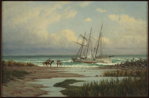Artist unknown :Wreck of the schooner Ururoa, Wanganui Coast, 18 December 1908.
